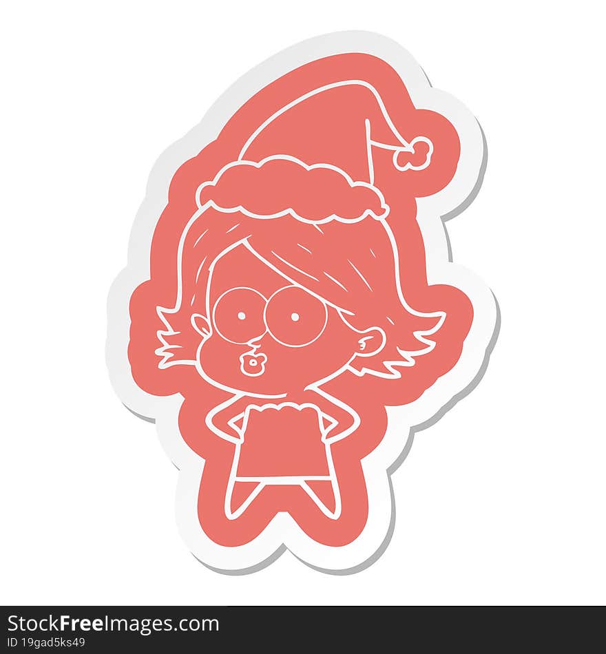 quirky cartoon  sticker of a girl pouting wearing santa hat