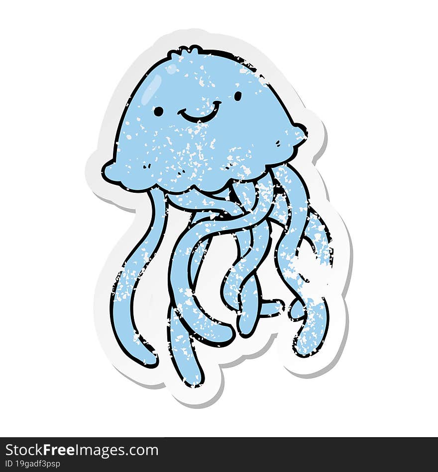 Distressed Sticker Of A Cartoon Happy Jellyfish