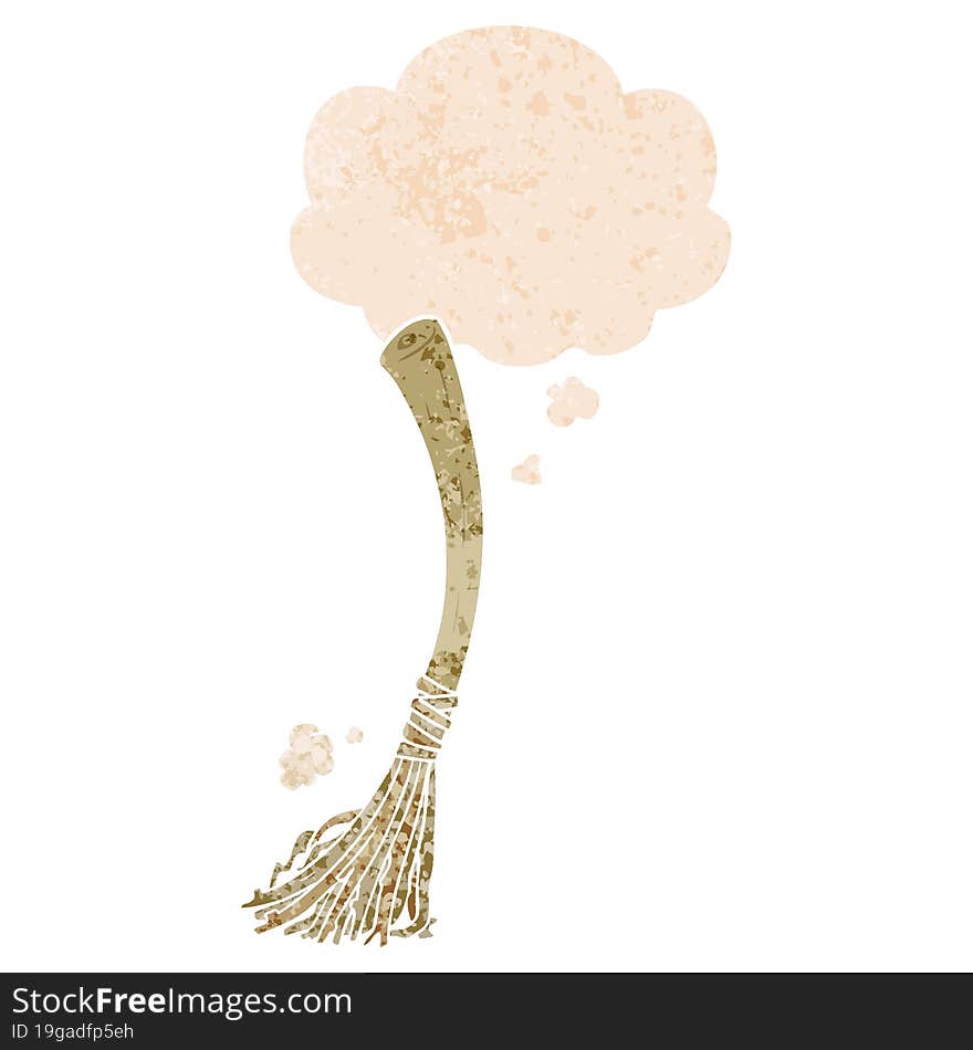 cartoon magic broom and thought bubble in retro textured style