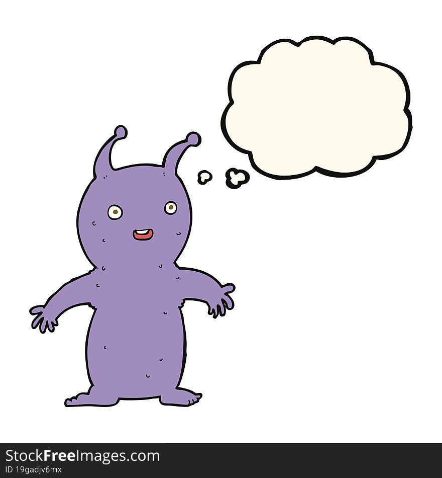 cartoon happy little alien with thought bubble