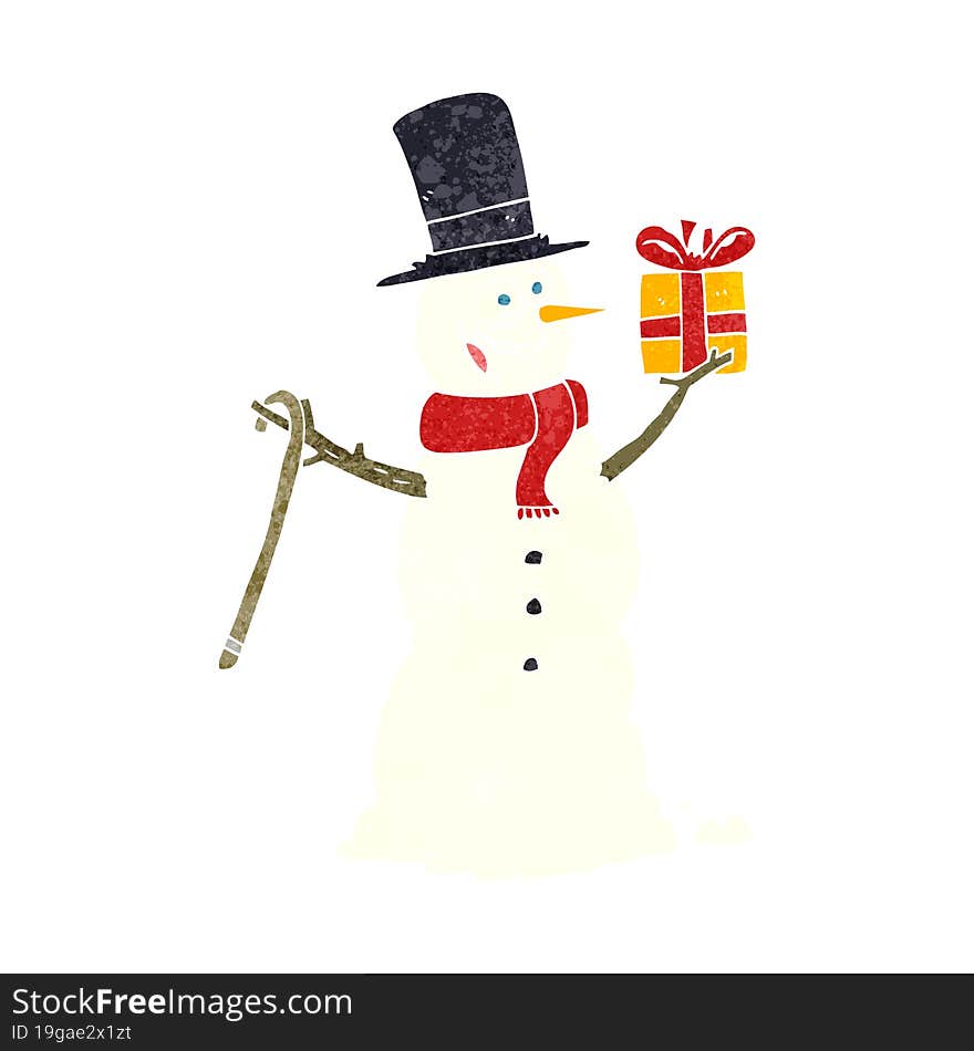 freehand retro cartoon snowman holding present