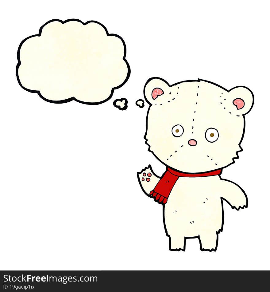 cartoon waving polar bear with thought bubble