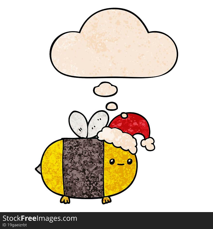 cartoon christmas bee and thought bubble in grunge texture pattern style