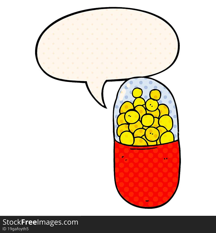 cartoon pill and speech bubble in comic book style