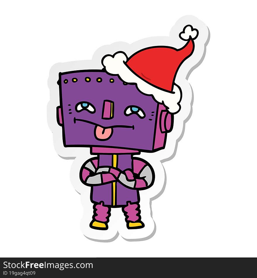 sticker cartoon of a robot wearing santa hat