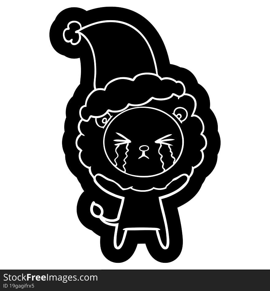 cartoon icon of a crying lion wearing santa hat