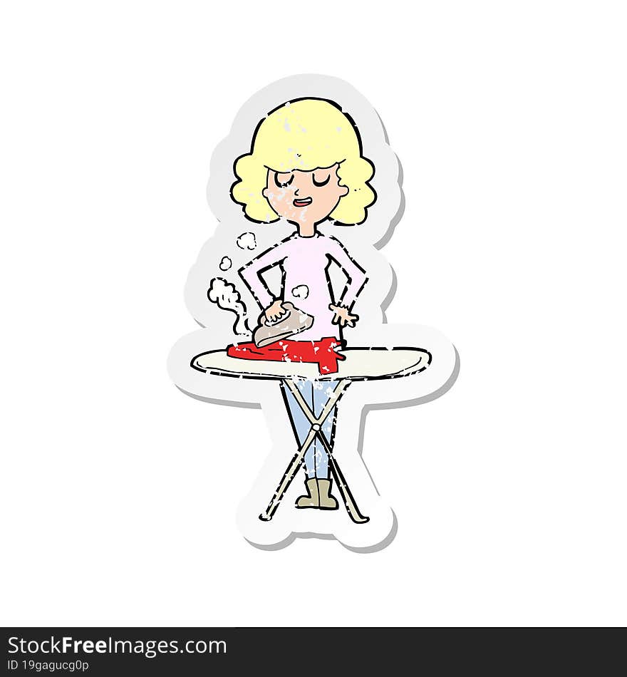 retro distressed sticker of a cartoon woman ironing