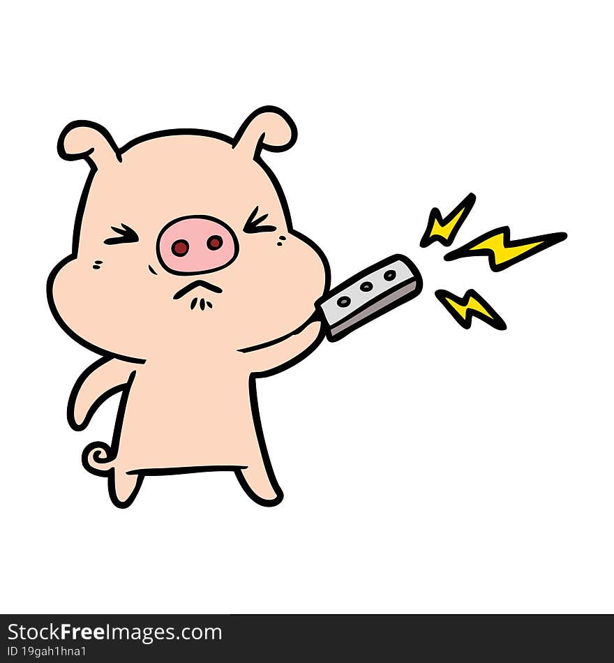 cartoon grumpy pig with remote control. cartoon grumpy pig with remote control