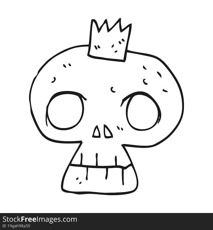 freehand drawn black and white cartoon skull with crown