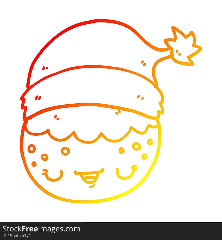 warm gradient line drawing cartoon christmas pudding wearing santa hat