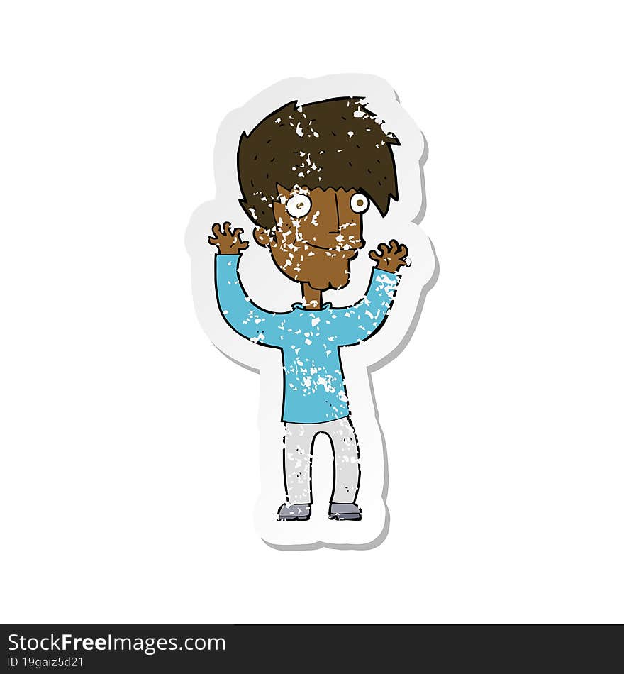 Retro Distressed Sticker Of A Cartoon Man Waving Arms