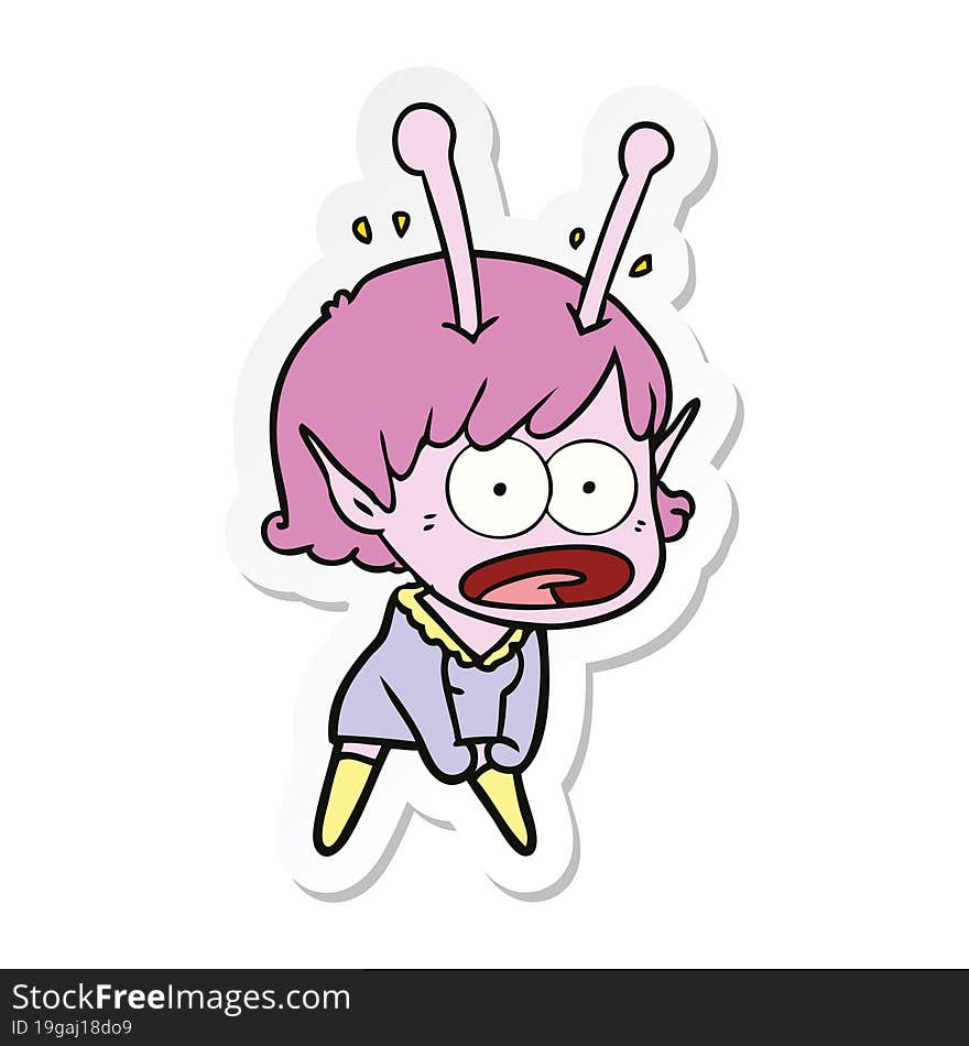 sticker of a cartoon shocked alien girl