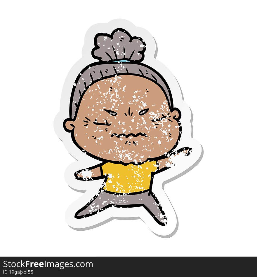 distressed sticker of a cartoon annoyed old lady