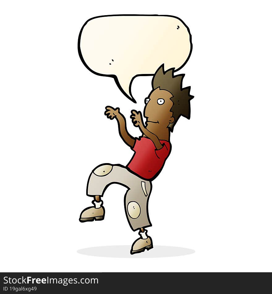 cartoon happy man doing funny dance with speech bubble