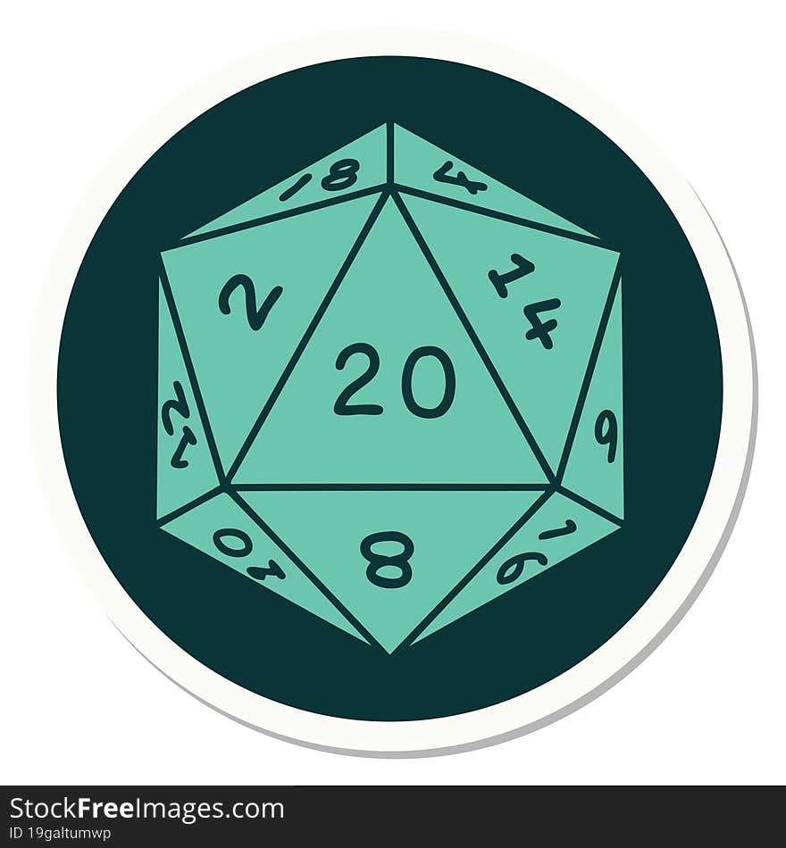 sticker of tattoo in traditional style of a d20 dice. sticker of tattoo in traditional style of a d20 dice