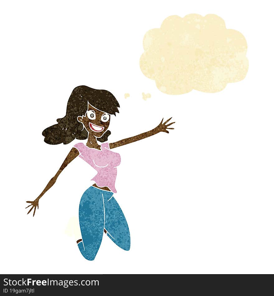 cartoon jumping woman with thought bubble