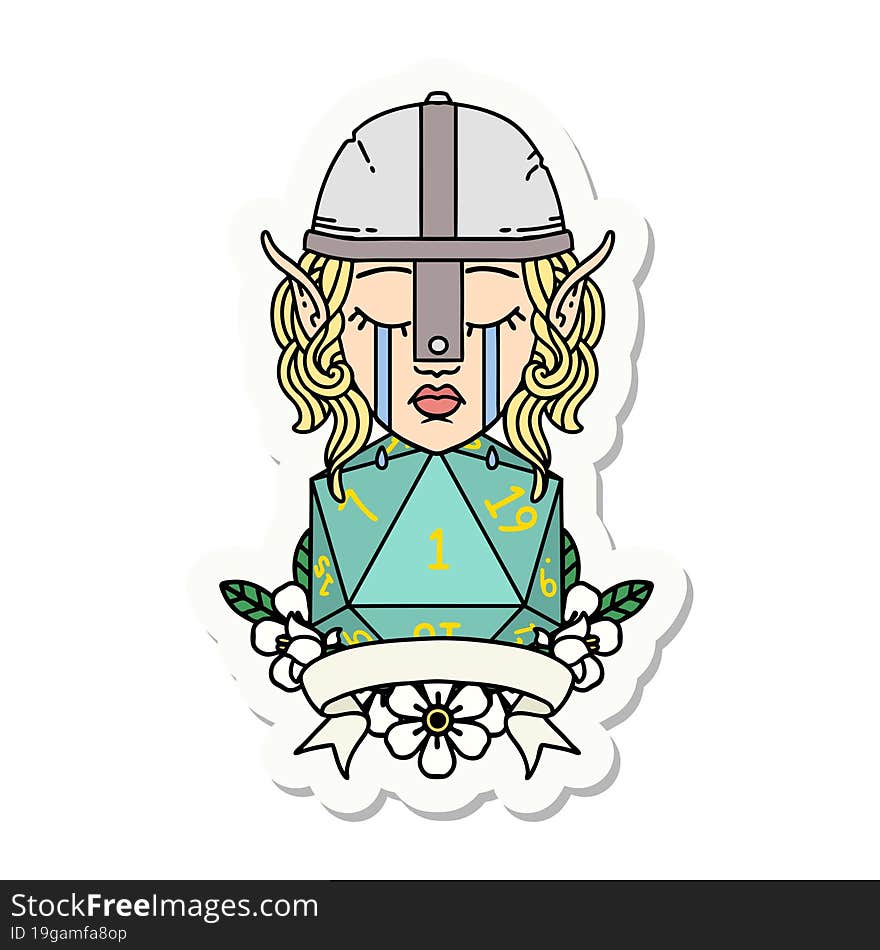 sticker of a crying elf fighter character face with natural one D20 roll. sticker of a crying elf fighter character face with natural one D20 roll