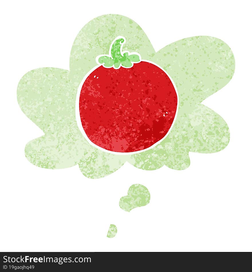 Cartoon Tomato And Thought Bubble In Retro Textured Style