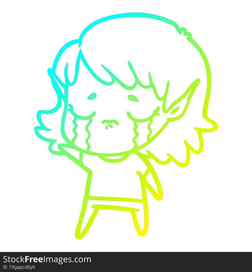 Cold Gradient Line Drawing Cartoon Crying Elf Girl