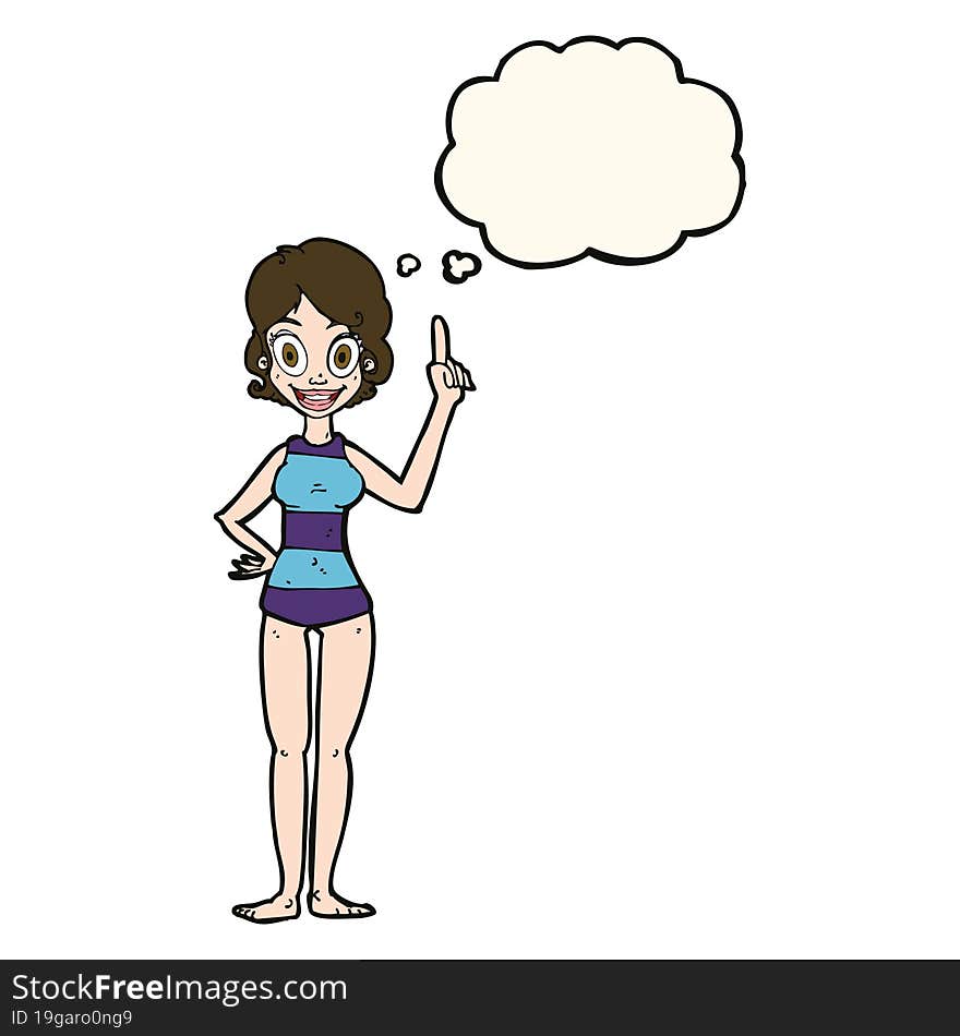 cartoon woman in striped swimsuit with thought bubble