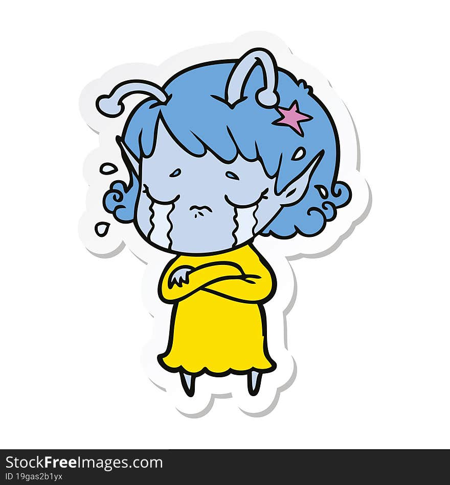 Sticker Of A Cartoon Crying Alien Girl