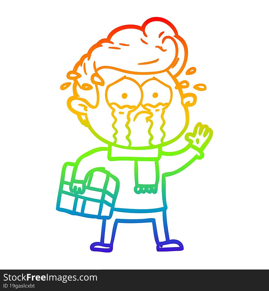 rainbow gradient line drawing of a cartoon crying man with present