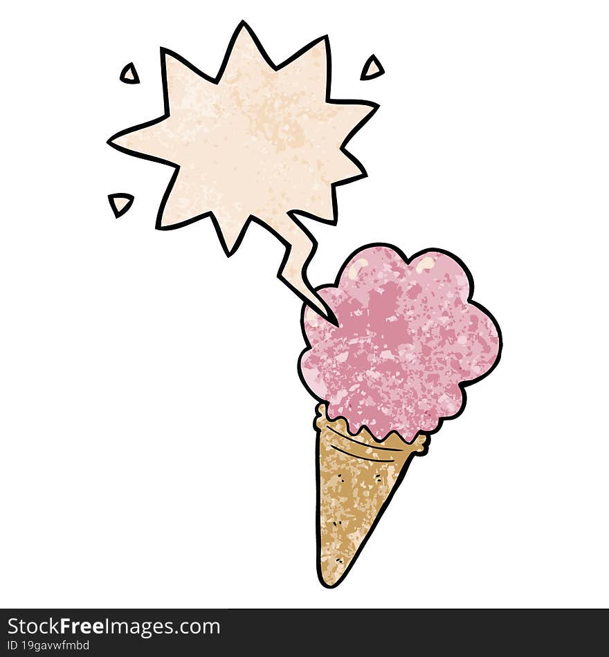 Cartoon Ice Cream And Speech Bubble In Retro Texture Style