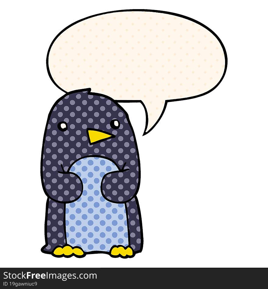 cartoon penguin and speech bubble in comic book style