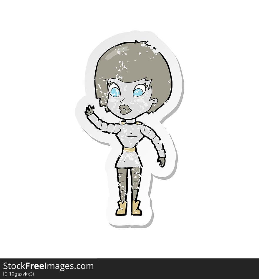 retro distressed sticker of a cartoon robot woman waving