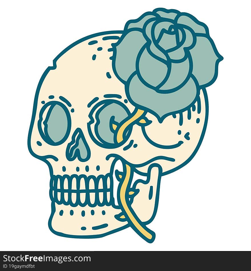 iconic tattoo style image of a skull and rose. iconic tattoo style image of a skull and rose