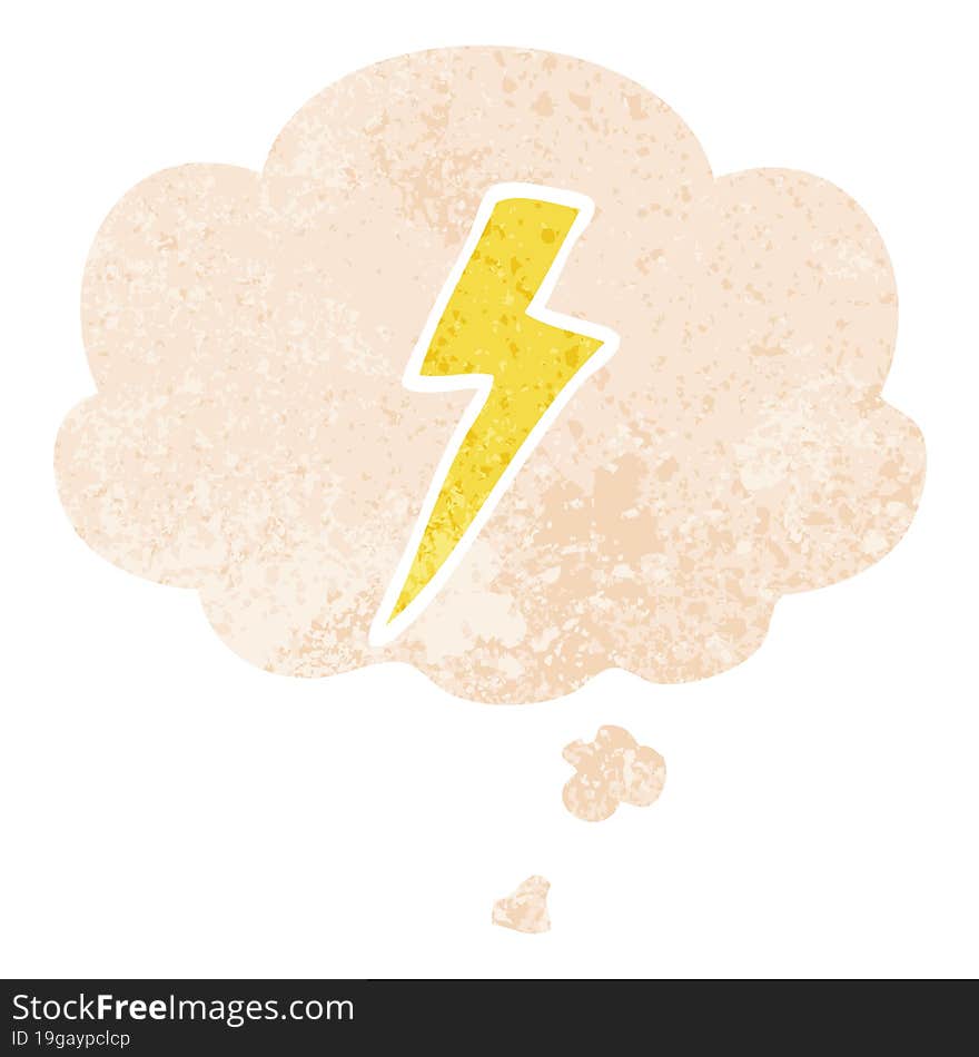 cartoon lightning bolt and thought bubble in retro textured style