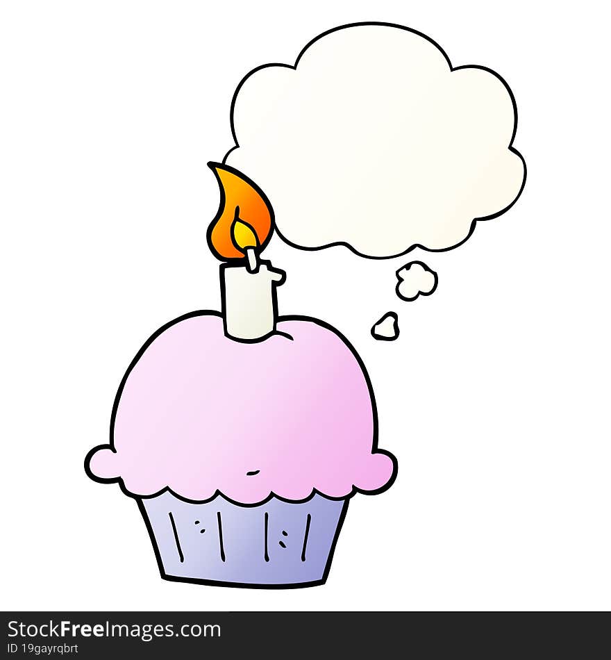 cartoon birthday cupcake and thought bubble in smooth gradient style