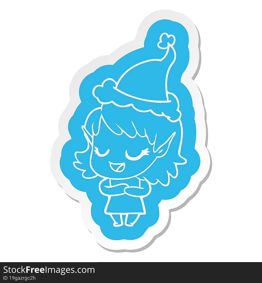 happy cartoon  sticker of a elf girl wearing santa hat