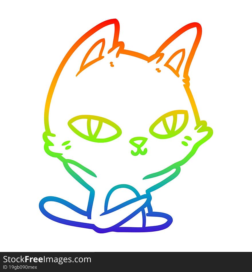 rainbow gradient line drawing cartoon cat staring