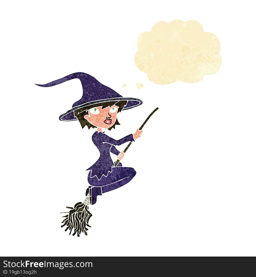 cartoon witch riding broomstick with thought bubble