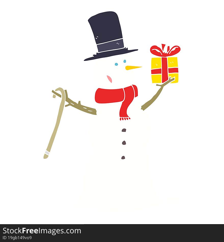 flat color illustration of snowman holding present. flat color illustration of snowman holding present