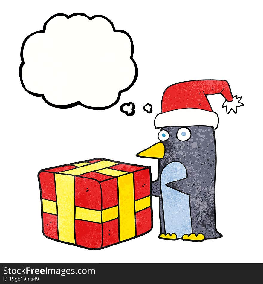 thought bubble textured cartoon christmas penguin with present