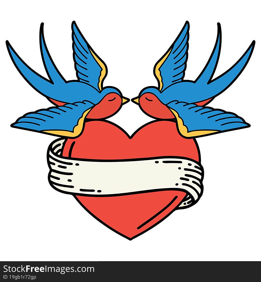 traditional tattoo of a swallows and a heart with banner