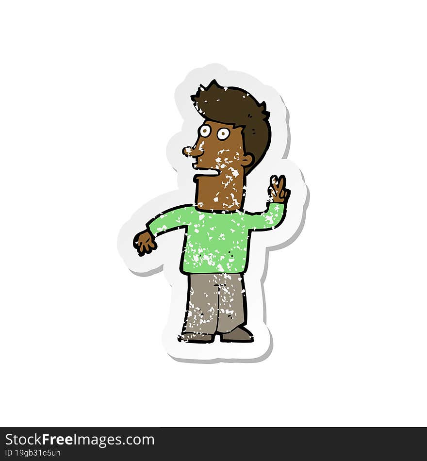 Retro Distressed Sticker Of A Cartoon Man Making Peace Sign