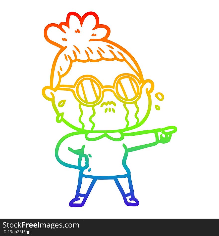 rainbow gradient line drawing cartoon crying woman wearing spectacles