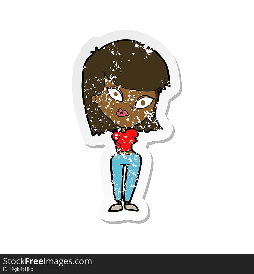 retro distressed sticker of a cartoon confused woman