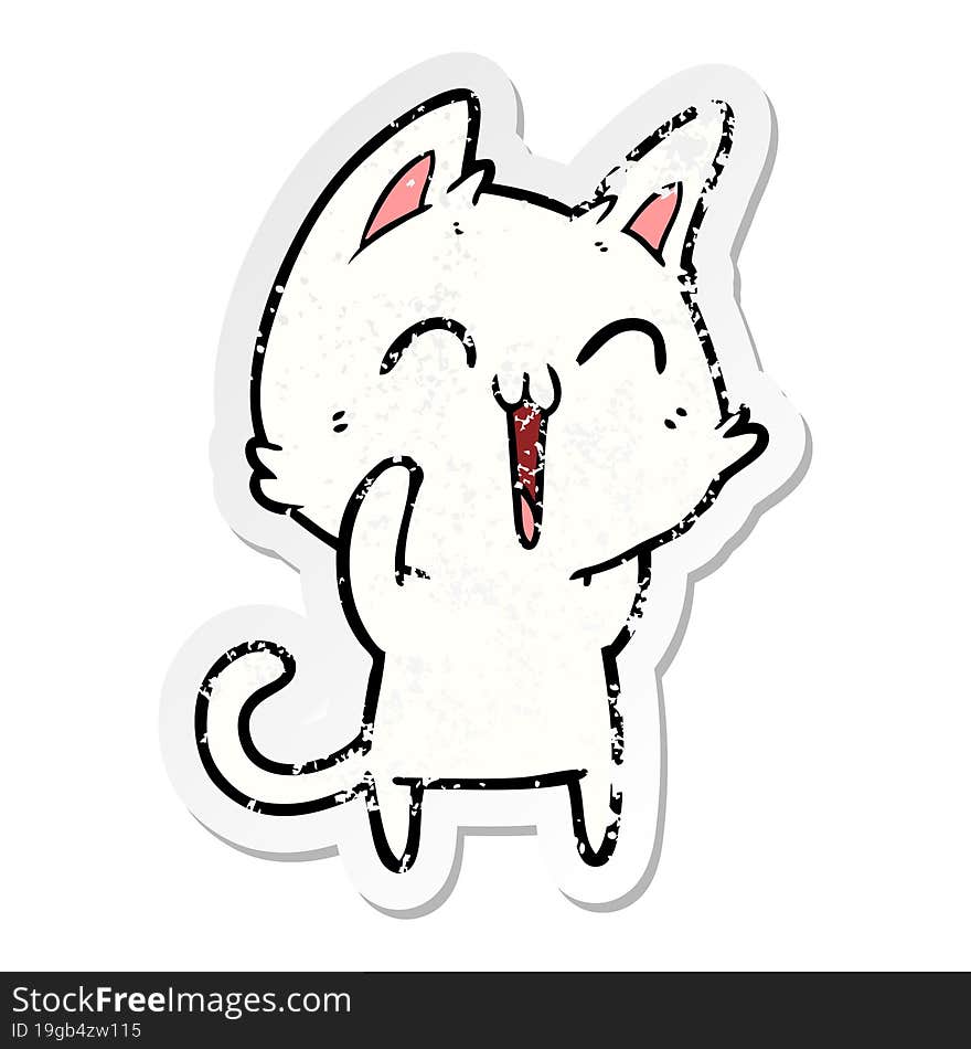 distressed sticker of a happy cartoon cat