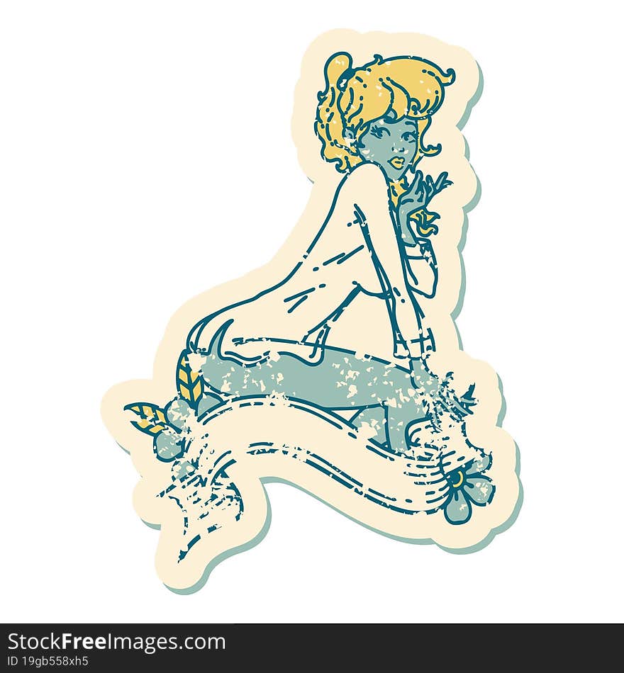 Distressed Sticker Tattoo Style Icon  Of A Pinup Girl Wearing A Shirt With Banner