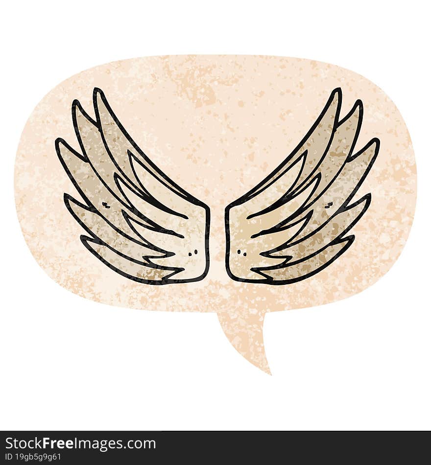 cartoon wings symbol and speech bubble in retro textured style