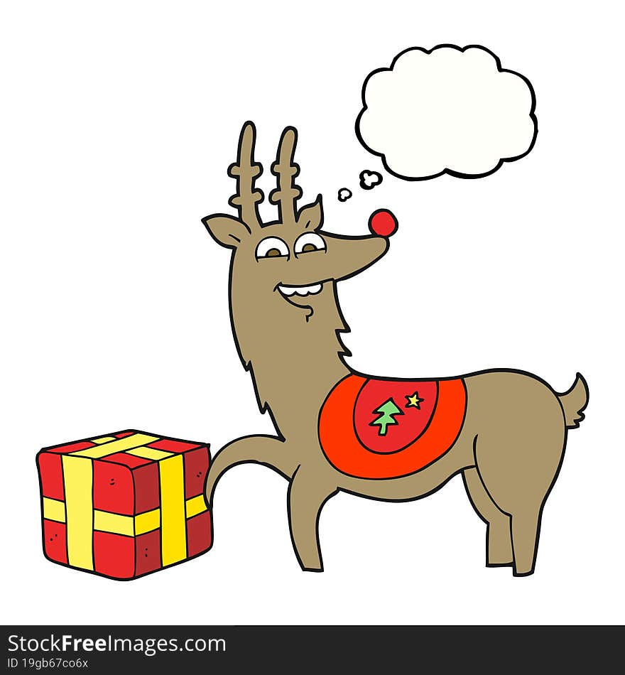 freehand drawn thought bubble cartoon christmas reindeer with present