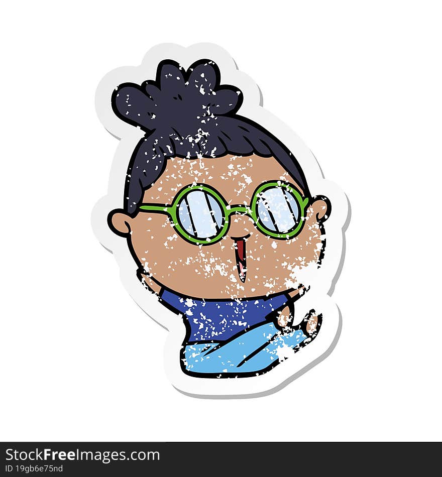 distressed sticker of a cartoon woman wearing spectacles