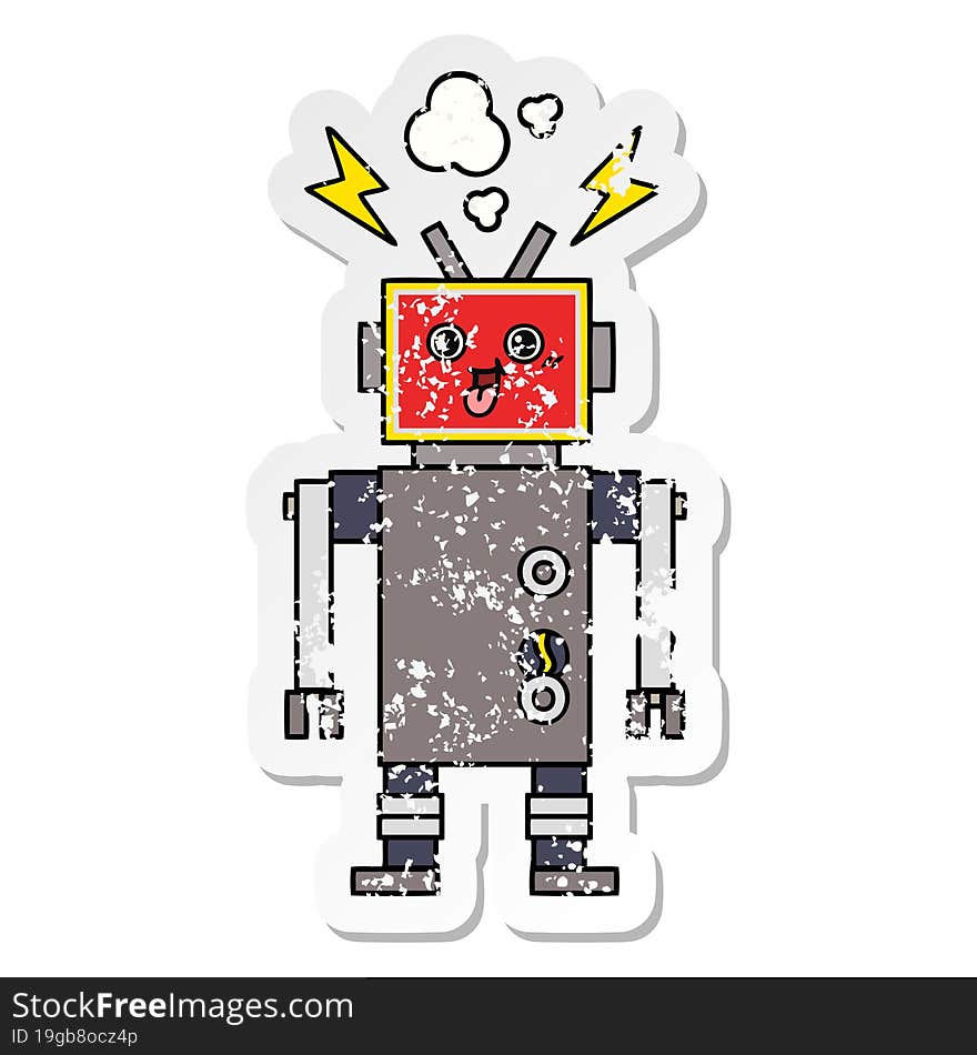 distressed sticker of a cute cartoon crazed robot