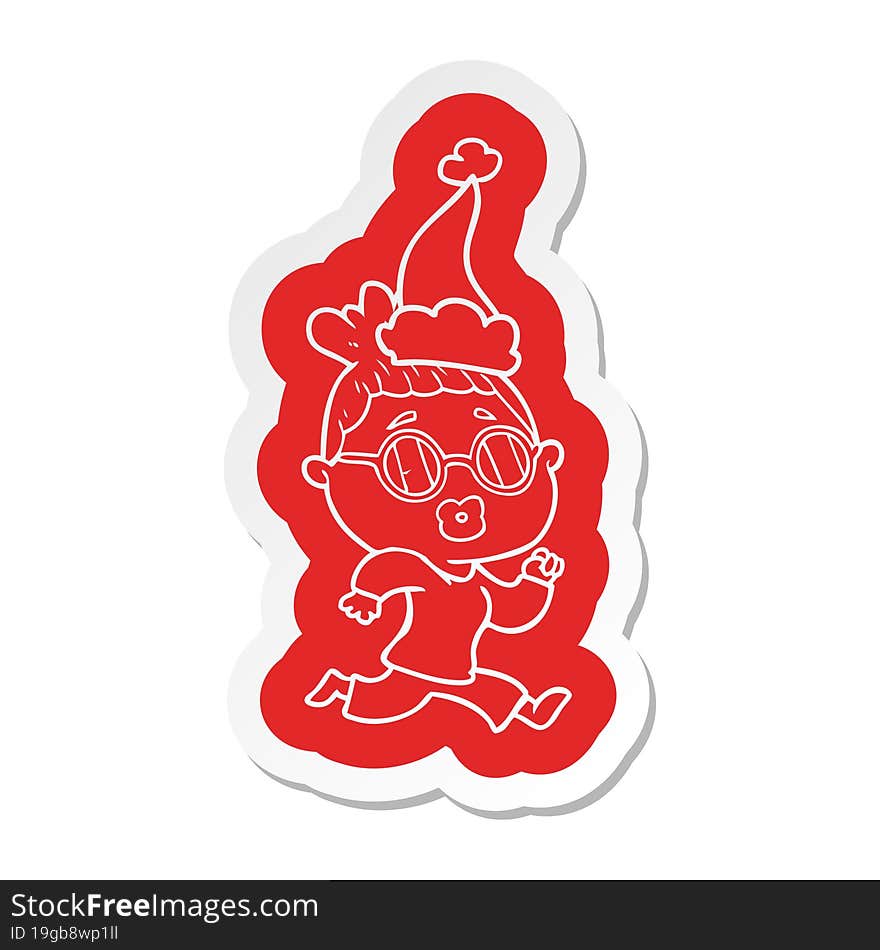 cartoon  sticker of a woman wearing spectacles wearing santa hat