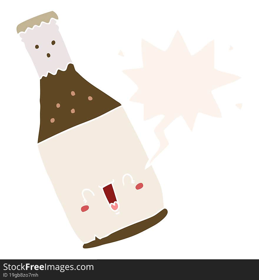 cartoon beer bottle and speech bubble in retro style