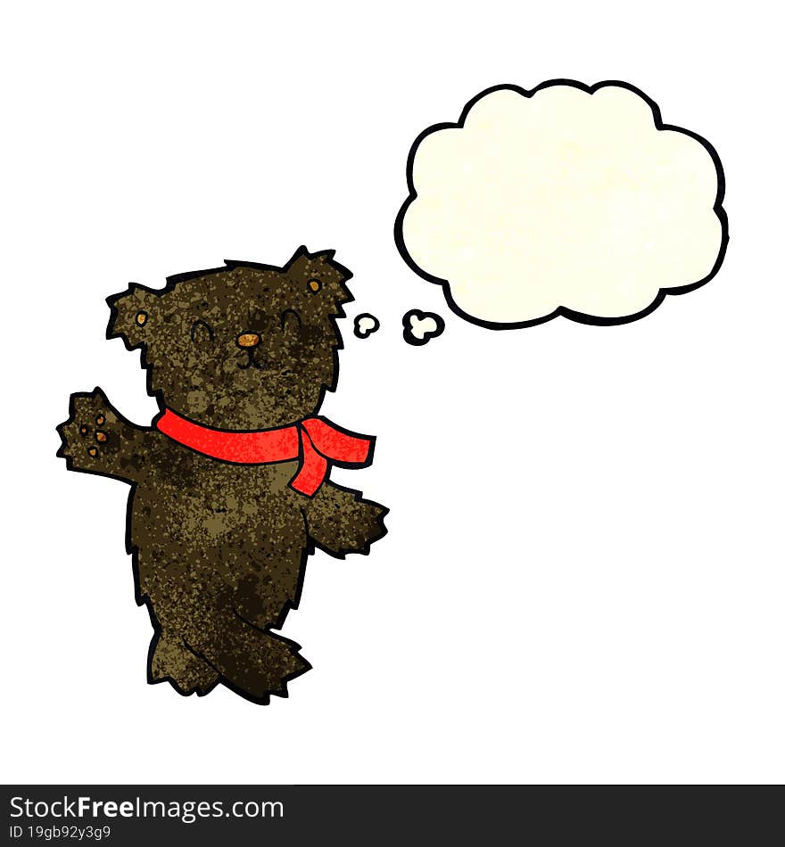 cartoon waving teddy black bear with thought bubble